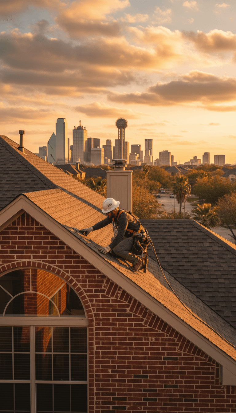 Residential roofer working on a home roof in Dallas