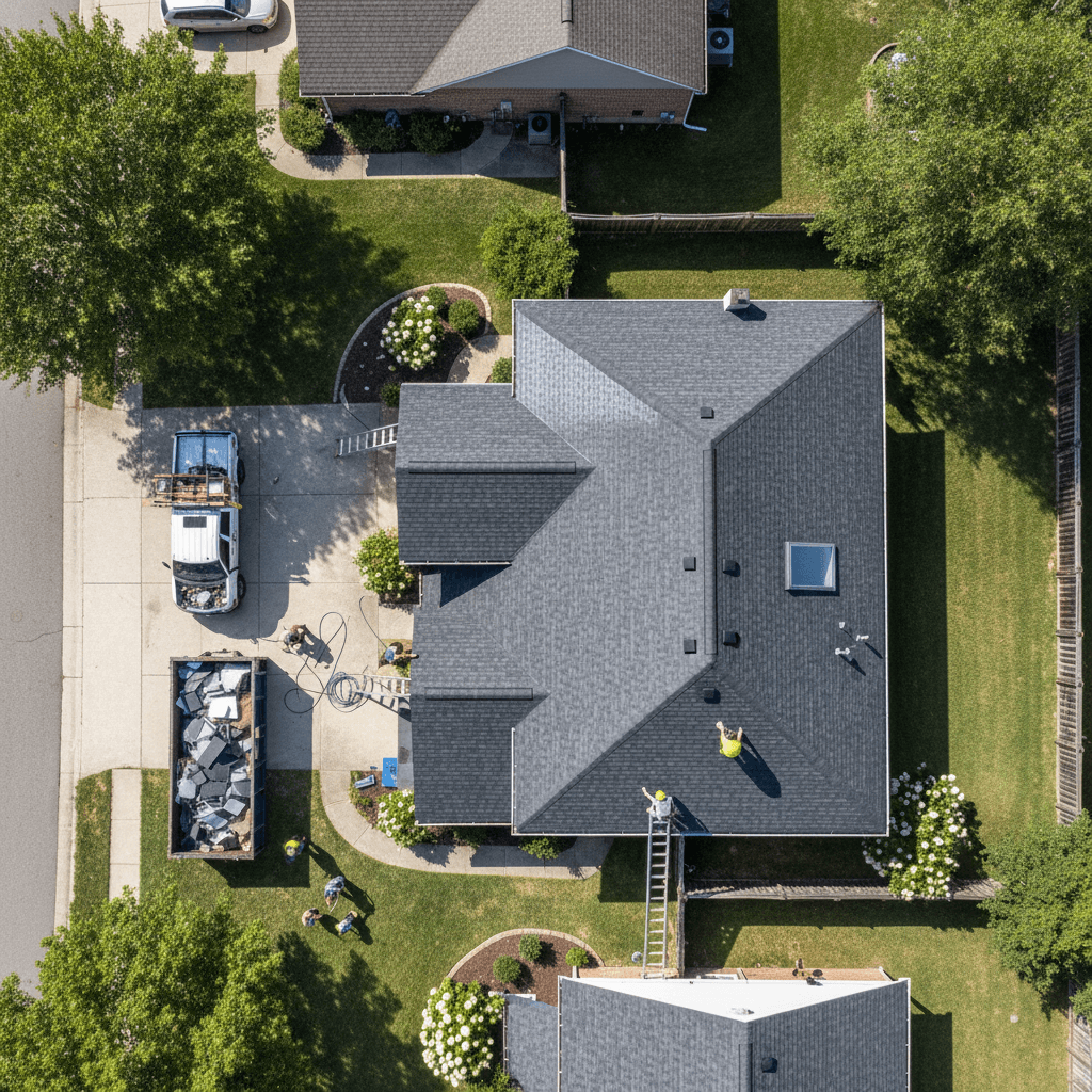 Aerial view of a home with a brand new roof