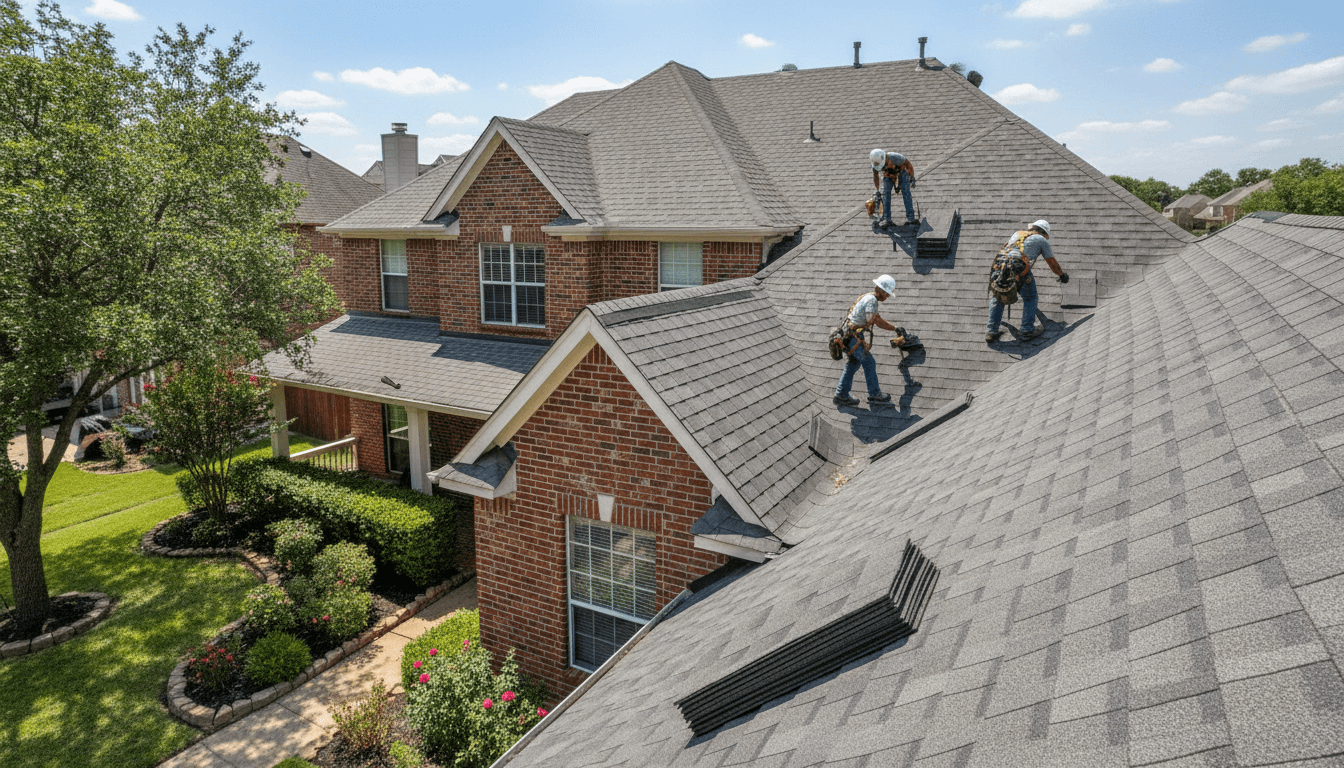 Workers installing shingles on a suburban Dallas home, sunny day.