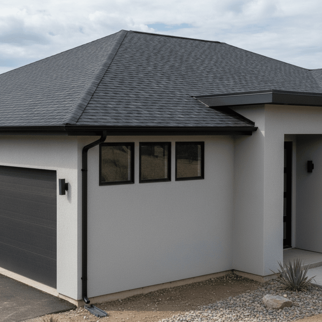 Finished roof replacement with clean lines and new gutters