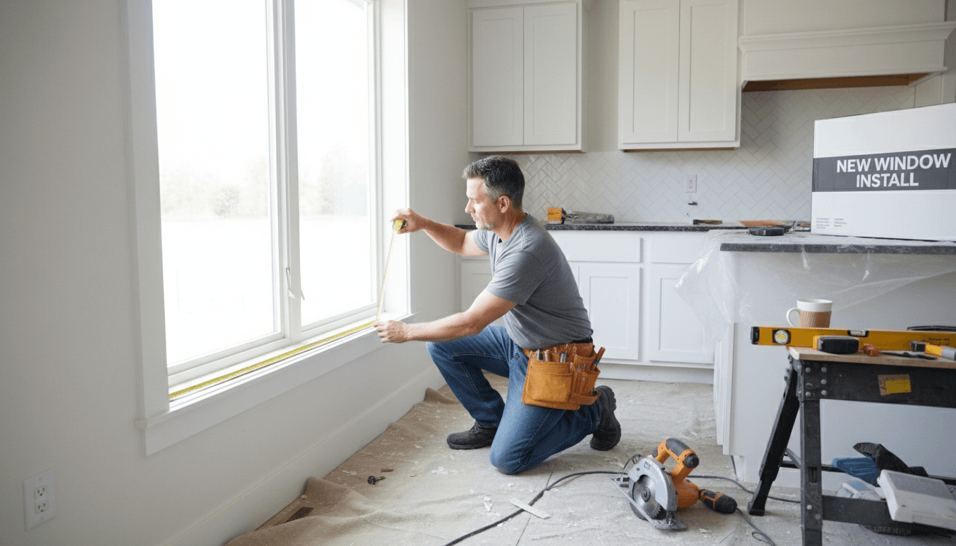 Contractor measuring window in kitchen remodel with cabinets and tile