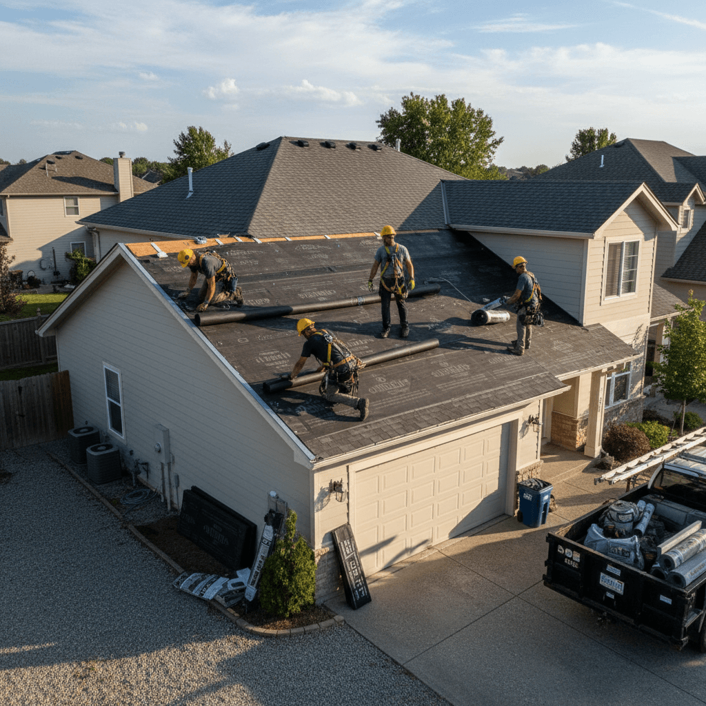 Roofing crew installing underlayment and flashing