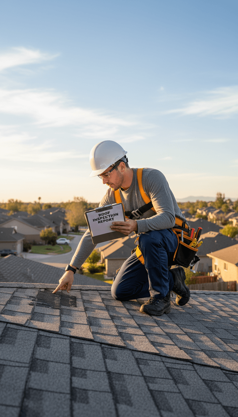 Samuel inspecting a residential roof with a clipboard and tool belt