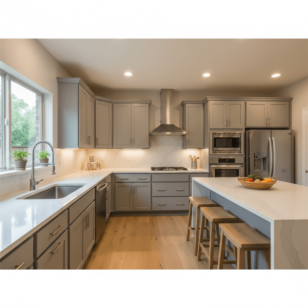 Modern kitchen with grey cabinets, white countertops, stainless steel appliances, and an island with stools.