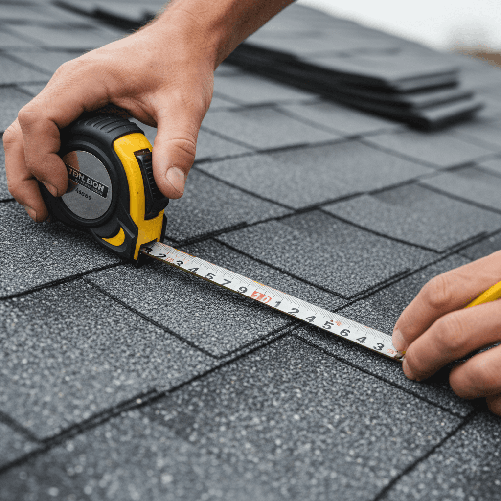 Contractor's hands measuring a residential roof with a tape measure