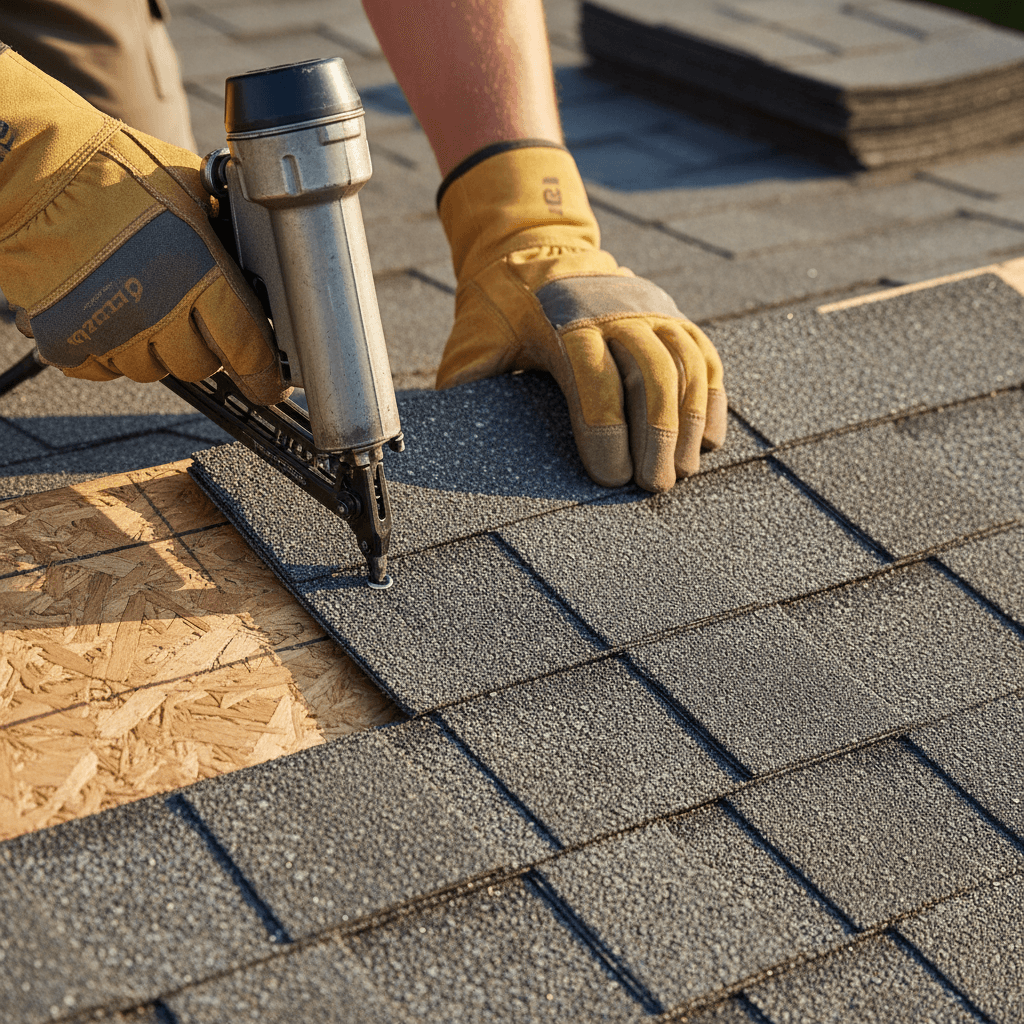 Contractor's hands installing a roof shingle with worn gloves